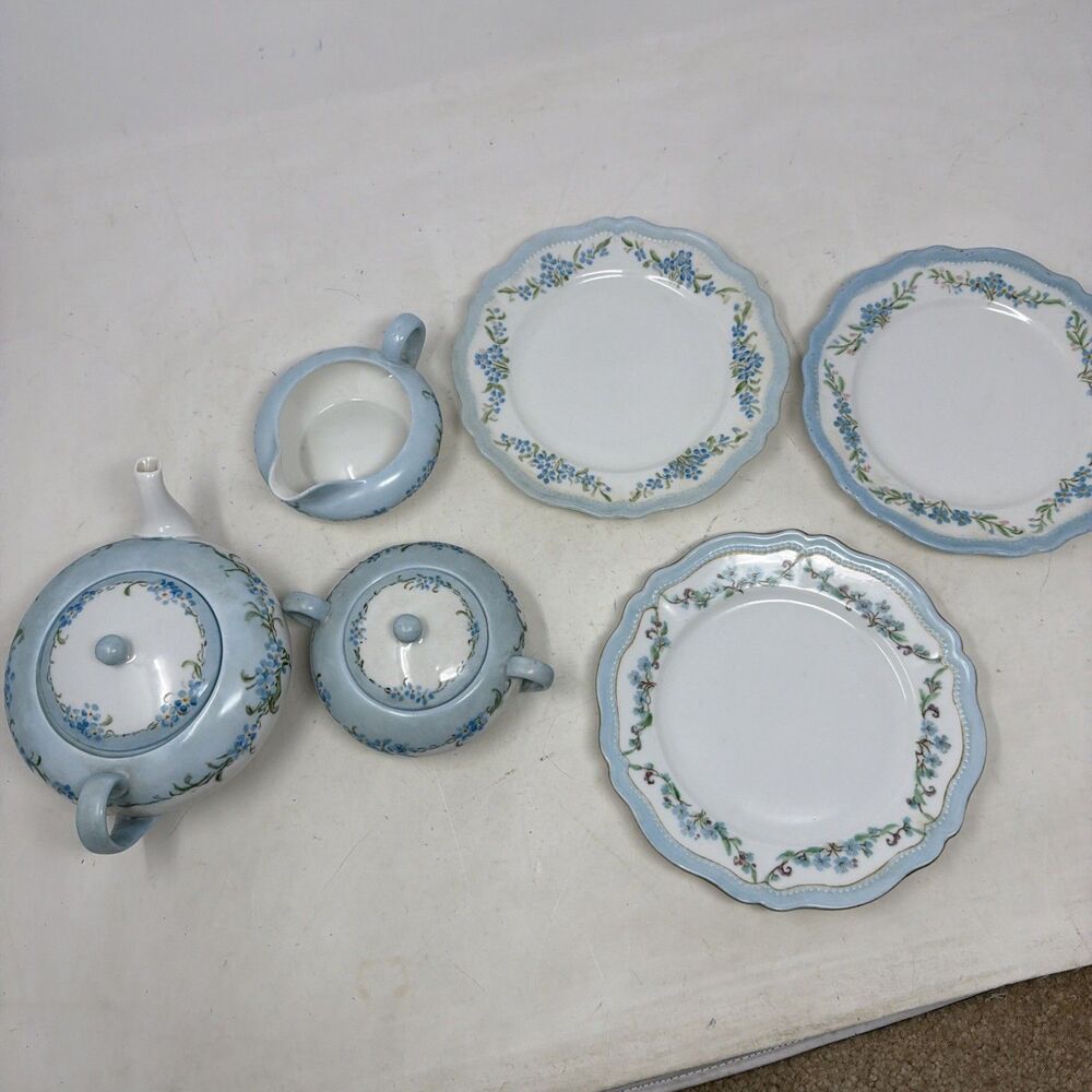 Antique O&E.G. Royal Austria Hand Painted Blue Floral 6-Pc Tea Set Teapot Plates